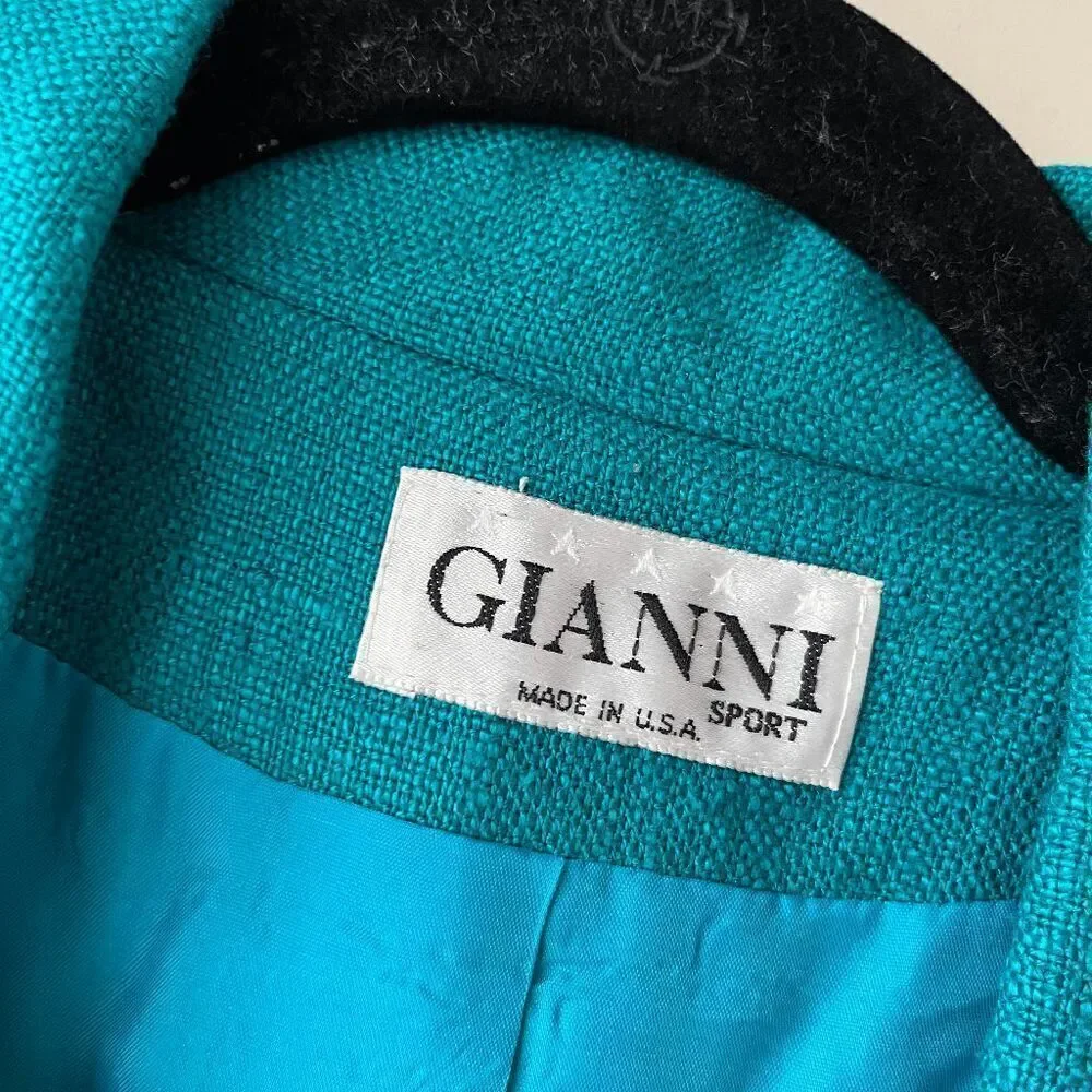Vintage Gianni Sport Bright Teal Textured Blazer Jacket USA Made Size 14